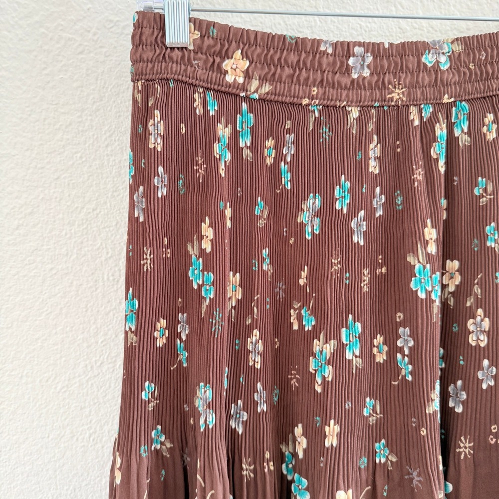 Brown Floral Micro Pleated Tiered Midi Skirt Turquoise Flowers Lettuce Hem - Picture 4 of 7